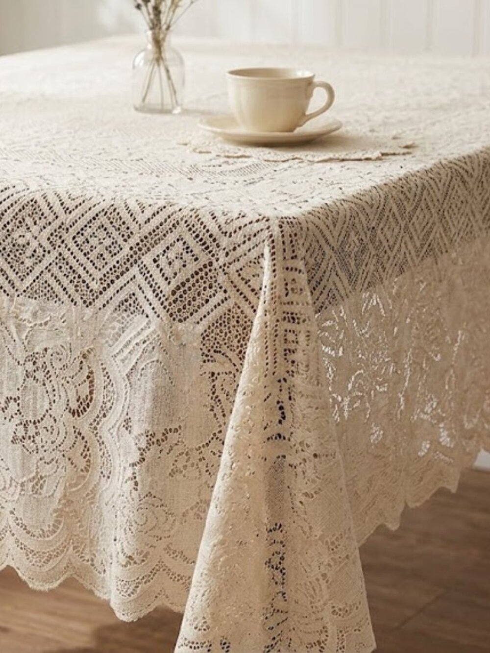 Vintage Cream Lace Tablecloth 62x85 Rectangular Cottagecore Boho Overlay Cotton